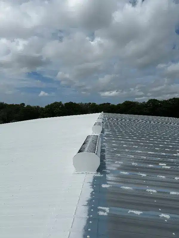 Close-up of a partially restored metal roof, illustrating different farm roofing materials used for a commercial ranch.