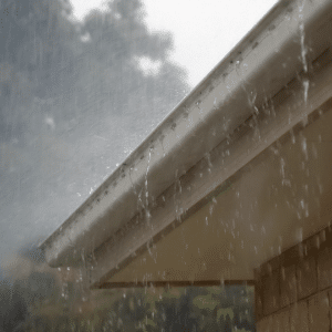 heavy rain streaming off a metal roof gutter, illustrating the potential for leaks and water damage if the roof isn’t maintained properly.