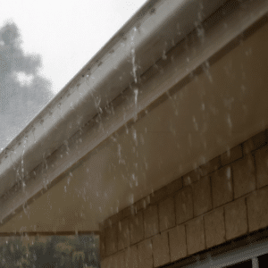 Rainwater pouring off a well-maintained gutter system, demonstrating proper water management for roof longevity.