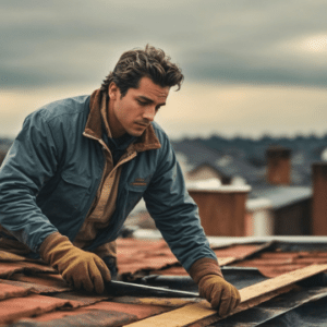 A roofing contractor carefully inspecting a commercial roof for potential damage and necessary repairs.