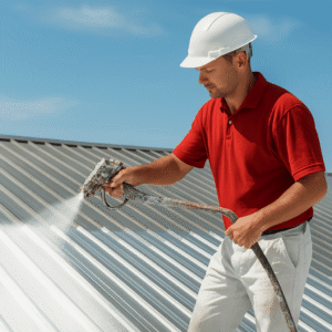 professional roofer using spray equipment to apply coating on a corrugated metal roof under bright daylight