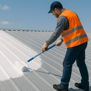 professional applying a protective white coating to an iron roof with a roller to illustrate the role of coatings in roof restoration