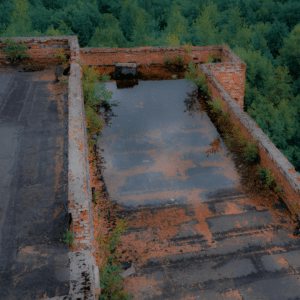severely ponded water on a neglected flat roof with overgrown vegetation and debris indicating blocked or failed drainage