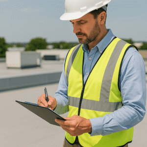 building inspector reviewing commercial roof with checklist highlighting building codes and warranties under sb 76