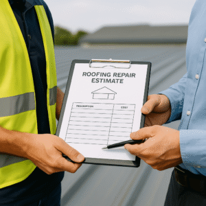 close-up of hands holding a clipboard with a roofing repair estimate, symbolising choosing professional help for iron roof repairs