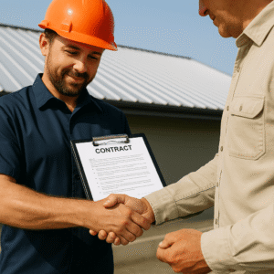 close-up of a contractor and client reviewing a roofing contract or estimate outdoors symbolising choosing the right contractor