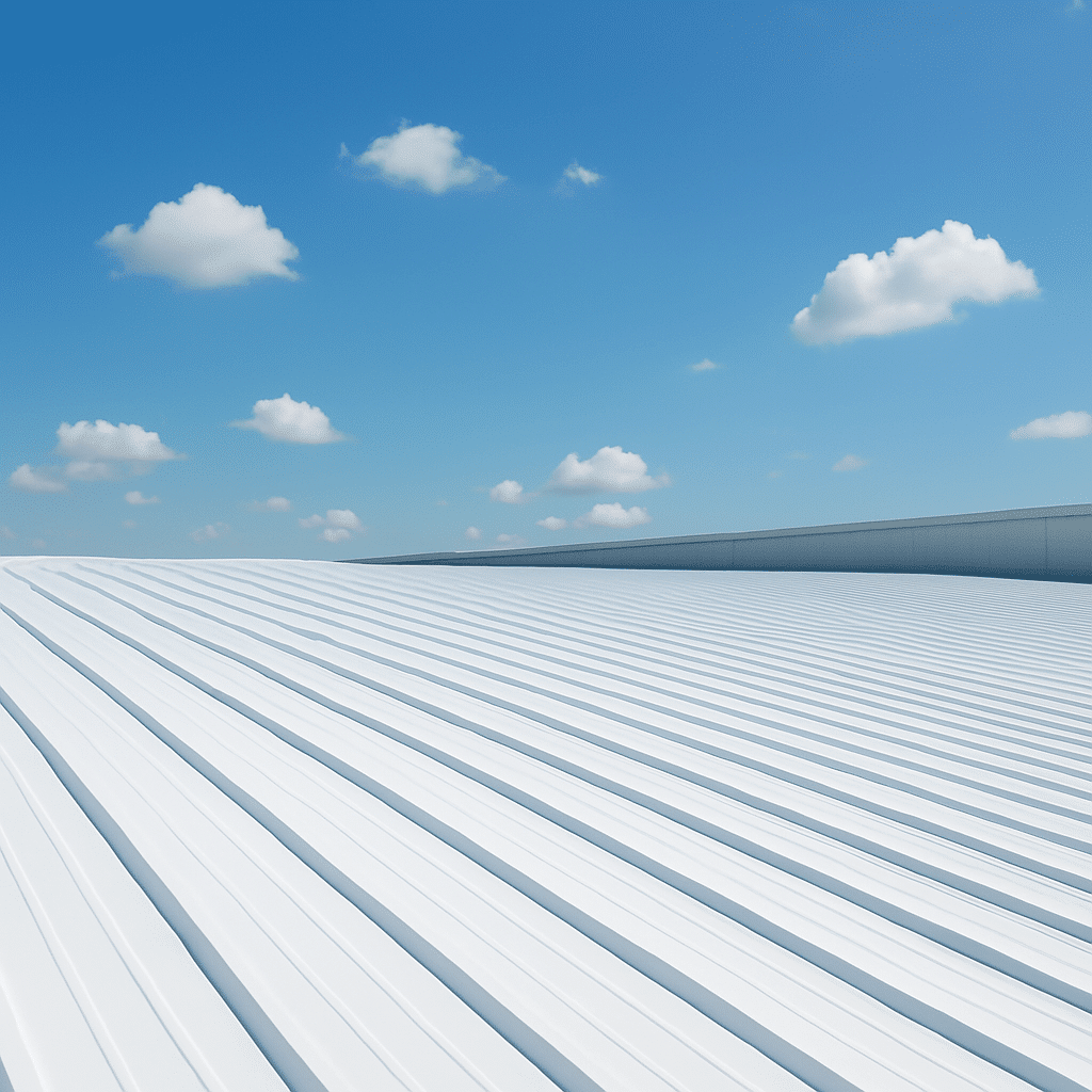 pristine white metal roof under a bright blue sky with fluffy clouds, symbolizing cost-effective commercial roof protection