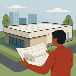 an illustrated person studying blueprints in front of a modern flat-roof commercial building, representing code-compliant roof planning for energy efficiency