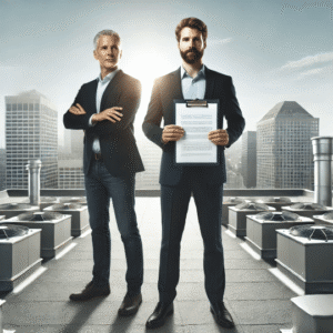 a business owner and roofing contractor standing confidently on a flat commercial roof with HVAC units, symbolising success and clarity in managing an insurance claim