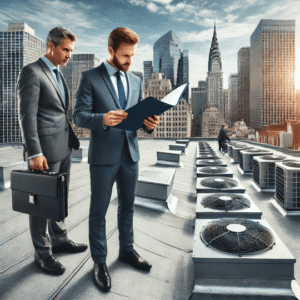 a business professional and roofing expert reviewing insurance documents on a flat commercial roof with visible HVAC units and minor damage, representing the process of understanding roof insurance coverage