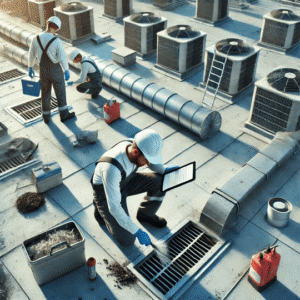 roofing crew performing preventative maintenance on a flat roof, including debris removal, protective coating, and inspection to extend roof lifespan