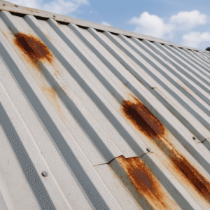 close-up of iron roof panels showing rust patches, slight leaks, and warping to illustrate common roofing problems