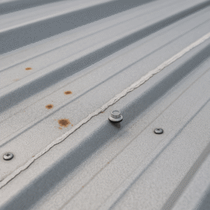 close-up of a steel roof showing small rust spots, loose fasteners, and cracked sealant illustrating common steel roof issues