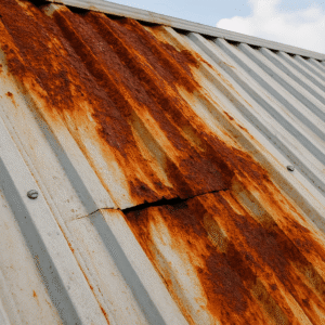 heavily rusted iron roof with water damage stains and panel gaps showing the consequences of neglected maintenance