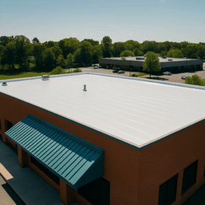 a commercial building with a clean white flat roof reflecting sunlight under a clear sky, highlighting cool roof strategies that reduce heat absorption