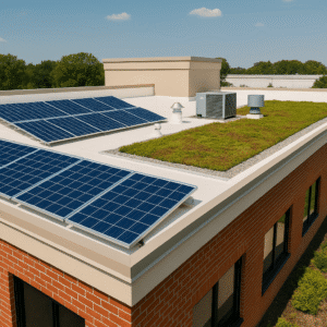 a close-up of a commercial roof featuring solar panels, a green roof section, and reflective white membrane, illustrating multiple energy-efficient roofing solutions