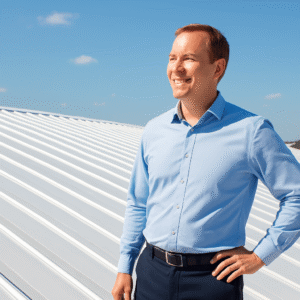 happy business owner proudly standing on a bright newly coated metal roof under a clear sky