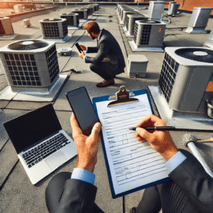 a roofing contractor inspects roof damage while a business owner fills in an insurance claim form