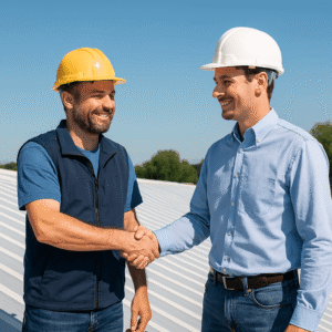 two roofing contractors shaking hands on a newly coated metal roof against a clear blue sky