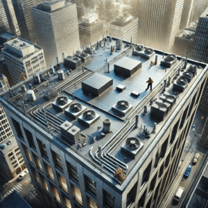 flat commercial roof with HVAC units and structural components, with professionals evaluating drainage and structural stability