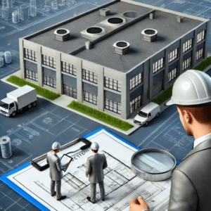 illustration of engineers reviewing building plans and a commercial flat roof, symbolising code compliance and drainage planning