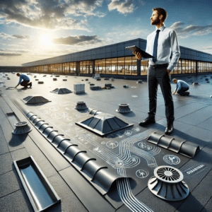professional overseeing installation of an advanced drainage system on a flat commercial roof, symbolising expert roofing solutions