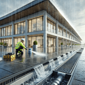 technician cleaning a commercial flat roof drainage system during rainfall to prevent water buildup and ensure long-term efficiency