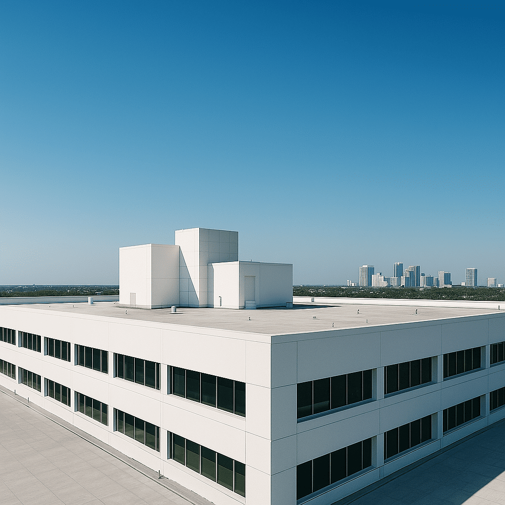 commercial building rooftop in florida under a clear blue sky representing the impact of florida senate bill 76 on commercial roofing