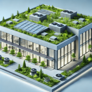 rendering of a modern flat roof with green vegetation, solar panels, and integrated drainage systems representing sustainable water management