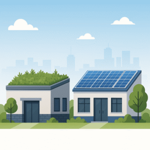 two commercial buildings side by side — one with a green roof and one with solar panels — surrounded by greenery, showing sustainable roofing alternatives
