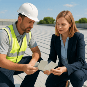 roofing contractor and business owner examining roof coating samples together on a sunny day