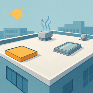 a stylised flat-roof illustration showing insulation, a skylight, and a ventilation unit working together to improve a building’s energy efficiency