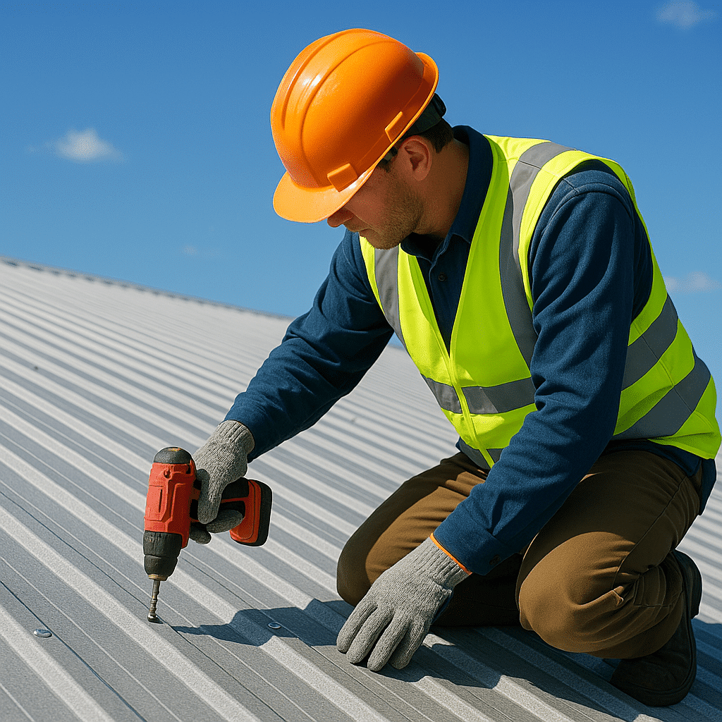 professional roofer inspecting a large iron roof under a bright blue sky to illustrate iron roof repair guide