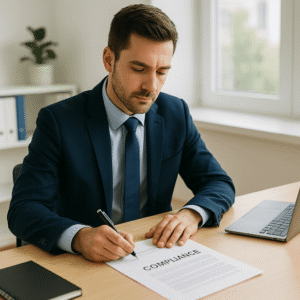 business owner reviewing legal compliance documents in a bright modern office