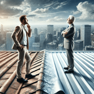 property manager consulting a roofing expert on a flat roof showing both restored and aged areas, representing the decision-making process for roof investment