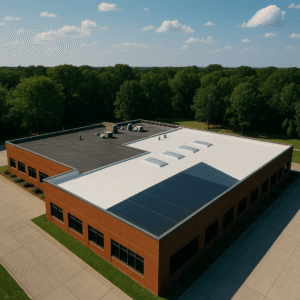 an aerial view of a commercial building with a white reflective flat roof, showing strategic design elements like vents that reduce heat gain in a warm climate and skylights that let in natural light