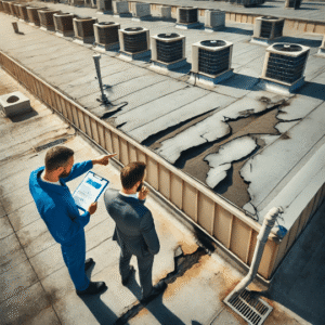 roofing professionals inspecting a commercial flat roof, identifying both minor damage suitable for restoration and severe areas needing full replacement