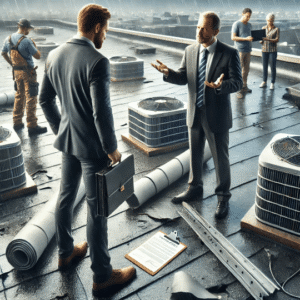 a roofing contractor, business owner, and insurance adjuster arguing on a damaged roof reviewing documents amid storm debris, illustrating common disputes in roof insurance claims