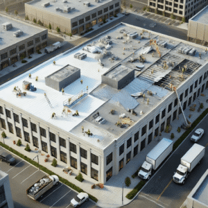 One part of a commercial flat-roofed building is being replaced while the rest is being restored showing the difference between roof restoration and full roof replacement, and highlighting the contrast in process and disruption levels