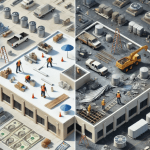 split-scene of commercial roofs illustrating the difference in crew size, equipment, and complexity between restoration and full replacement, reflecting cost differences
