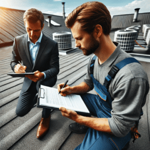 a roofing contractor and insurance adjuster professionally reviewing documentation, representing cooperation during a roof insurance inspection