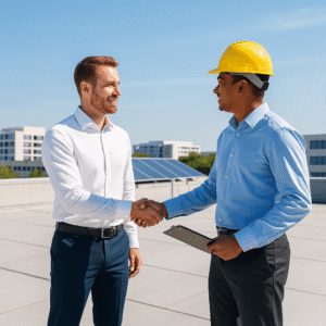 building owner and roofing consultant shaking hands on rooftop symbolizing smart roofing decisions under florida senate bill 76