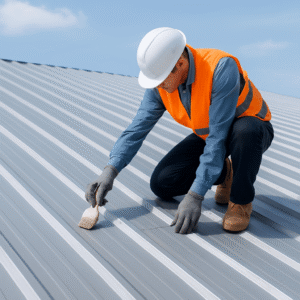 roofer performing routine maintenance on a clean steel roof illustrating effective practices after repair
