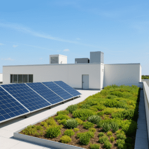 eco-friendly commercial roof with solar panels and greenery illustrating sustainability strategies influenced by sb 76