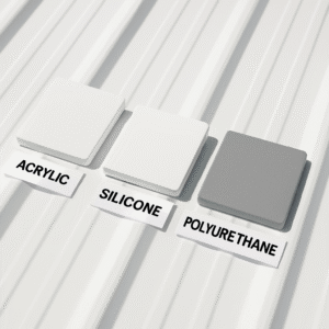 samples of acrylic, silicone, and polyurethane roof coatings arranged neatly on a white surface