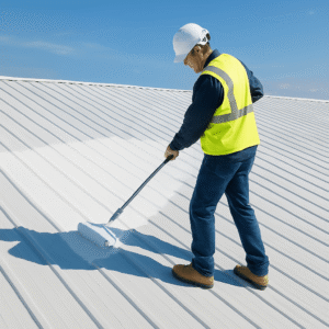 construction worker applying white protective coating to a commercial metal roof under clear blue skies