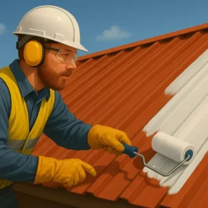 a detailed illustration of a construction worker applying white protective coating to a rusty metal roof with a roller, representing roof sealing and corrosion prevention steps
