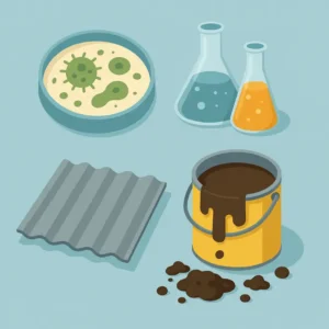 a petri dish, lab glassware, metal roofing panel, and an open paint can illustrate common contaminants like microbes, chemicals, and residues from roof coatings that can affect water quality.