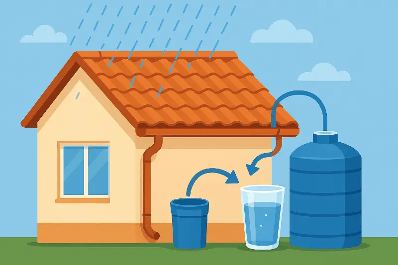 a house with a terracotta roof collects rainwater into a blue tank and glass, illustrating how roof coatings affect the safety of harvested drinking water.