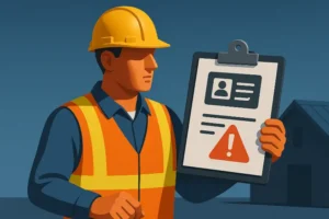 a 3d-rendered flat-shaded illustration of a construction worker in safety gear holding a clipboard showing a license warning, symbolising florida’s roofing license law